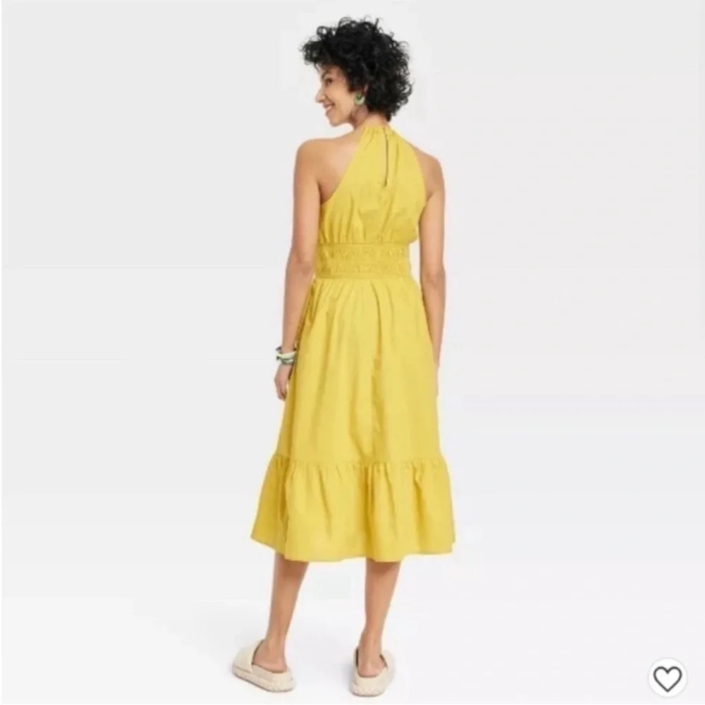 a new day Halter Midi Smocked Tiered Waist Dress in Mustard Yellow NWT L - Picture 2 of 9